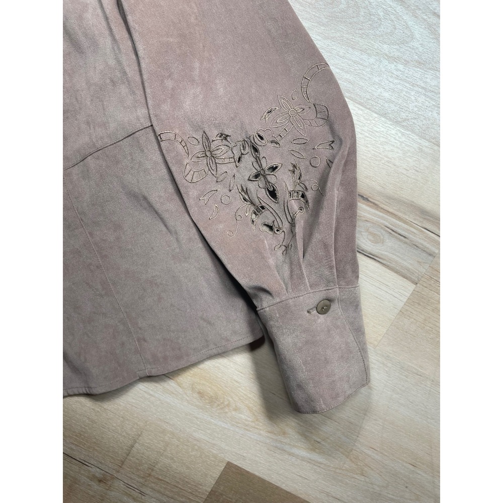 Norton McNaughton Womens Faux Suede Embroidered Button Down Shirt Taupe Size 8 - Picture 6 of 9